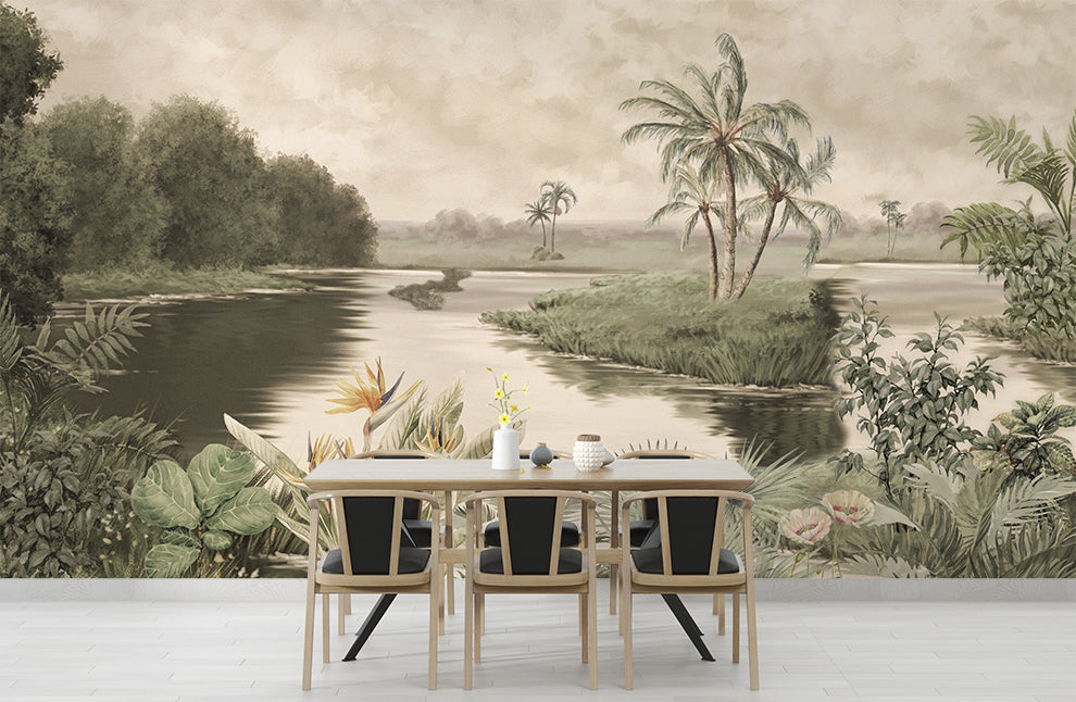 Vintage Forest Tropical Lake View Wallpaper