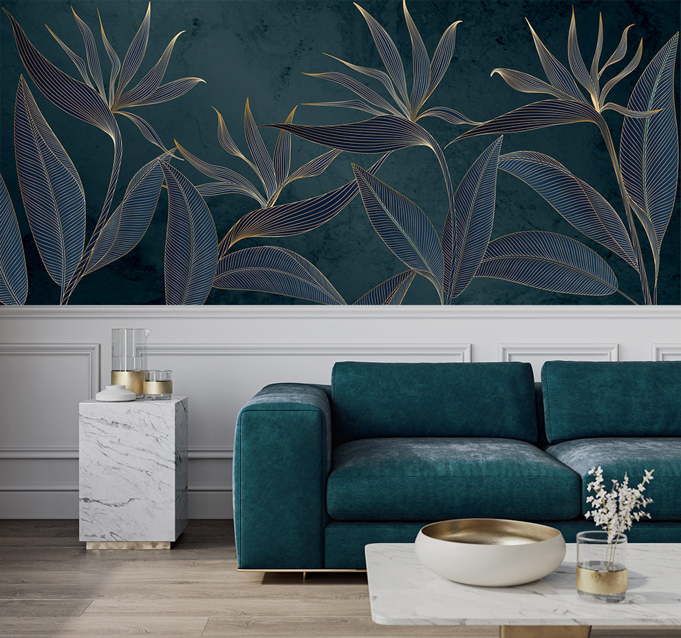 Golden Line Art Style Tropical Leaves Wallpaper