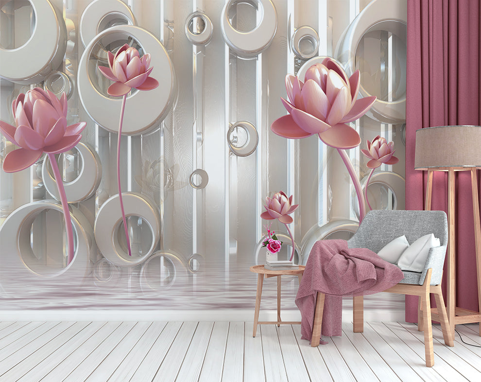 Embossed Pink Lotus Beautiful Flowers Wallpaper