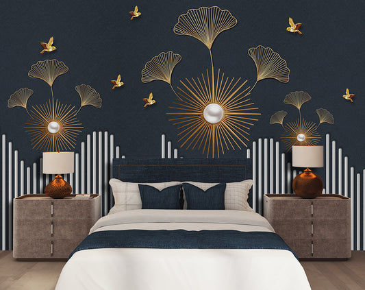 Ginkgo Leaves and Golden Birds Wallpaper