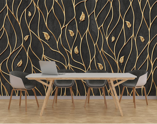 Dining Room - 3D Golden Curve linear Wallpaper