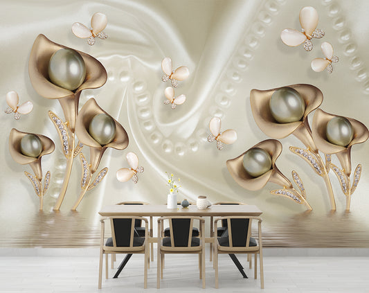 Pearl Flower And Butterfly Silk Wallpaper