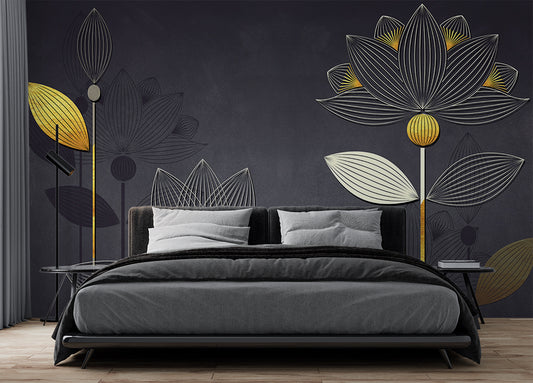 Luxury Golden Liner Lotus Wallpaper