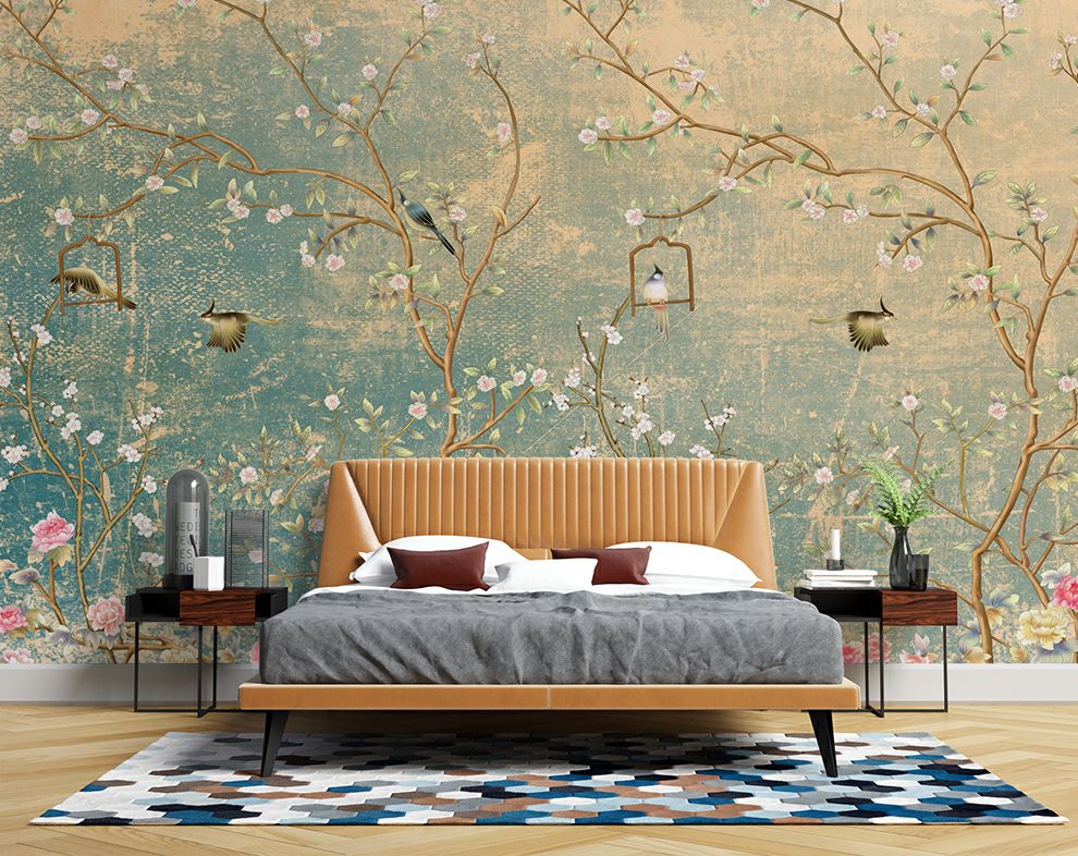 Chinoiserie Floral Wallpaper for Living Room | Vintage botanical garden wall mural for living room