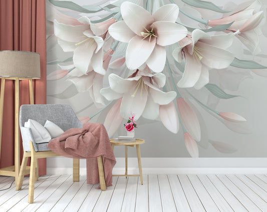 3D Pink And White Flowers Wallpaper For Living Room