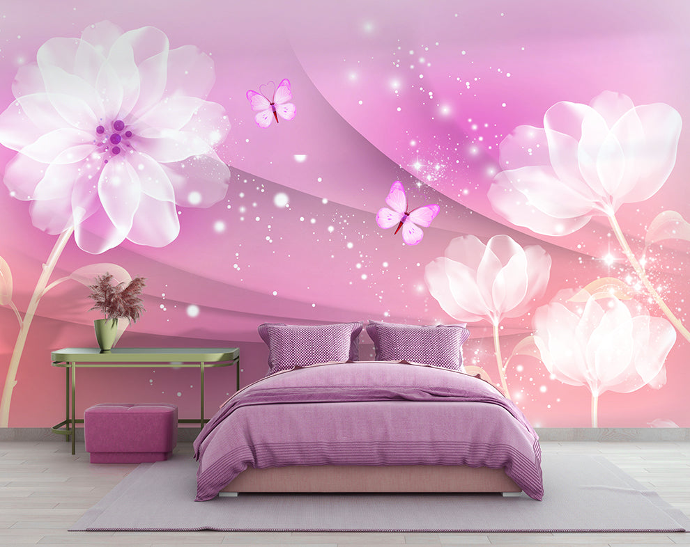 Pink Flowers And Beautiful Butterfly Wallpaper