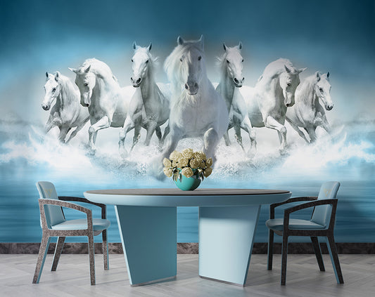 Dining Room - Seven White Horses Vastu Art Wallpaper