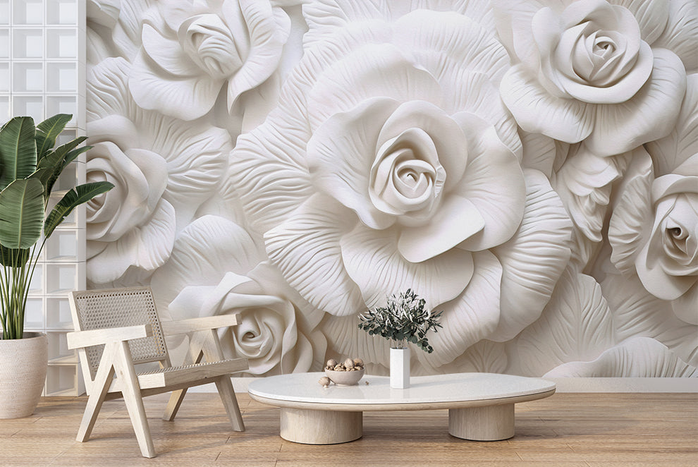 3D White Rose Flowers Wallpaper