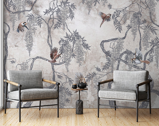 Living Room - Chinoiserie Forest Branches – Botanical Wall Mural Wallpaper, Custom Size