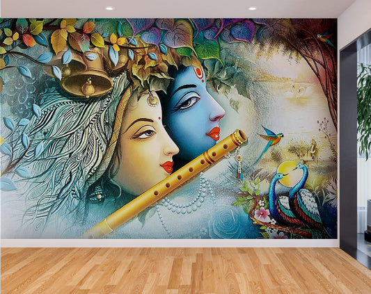 Krishna Playing Flute With Radha Wallpaper