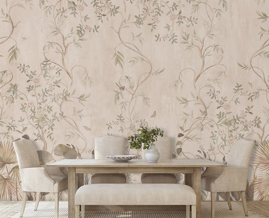 Dining Room - Sepia Botanical & Butterfly Wallpaper – Vintage Botanical Mural, Custom Size