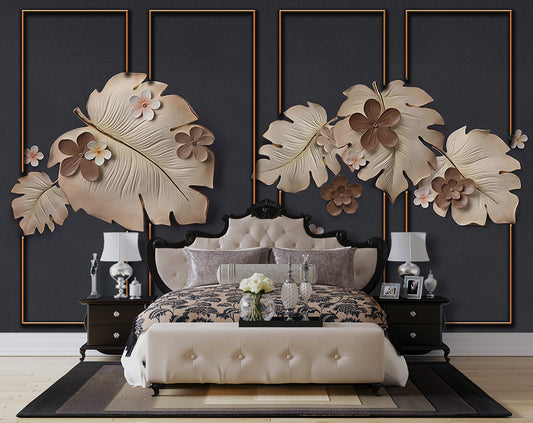 Modern 3D Flowers & Leaf Embossed Background Wallpaper