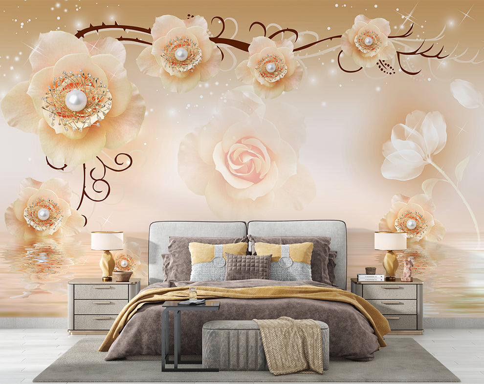 Orange Rose Floral Wallpaper For Bed Room Walls