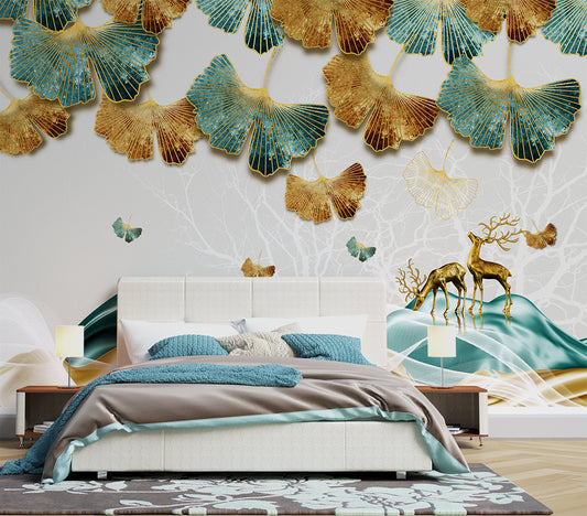 3d beautiful ginkgo leaves and deer wallpaper