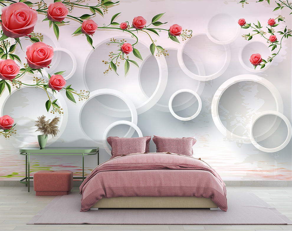 Rose Flowers On 3D White Circle Background Wallpaper