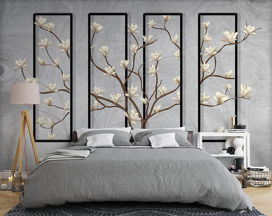 Bedroom - 3D Floral & Square Frame Botanical Grey Wallpaper