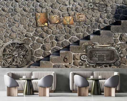 Stone Wall Art With Love Label Restaurant Cafe 3D Wallpaper