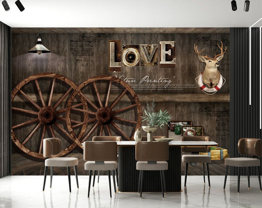 3D Wooden Wall Art, Wooden Wheels And Crafts Restaurant wallpapers