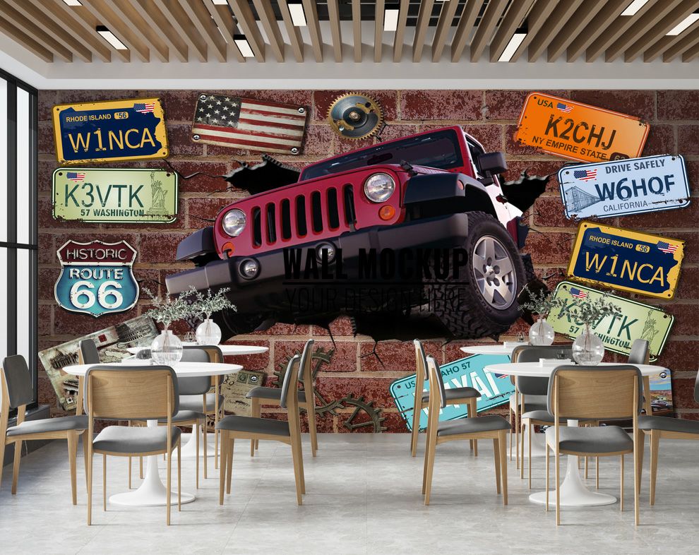Broken Wall Jeep 3D Car Mural Bar And Restaurant Cafe Wallpaper