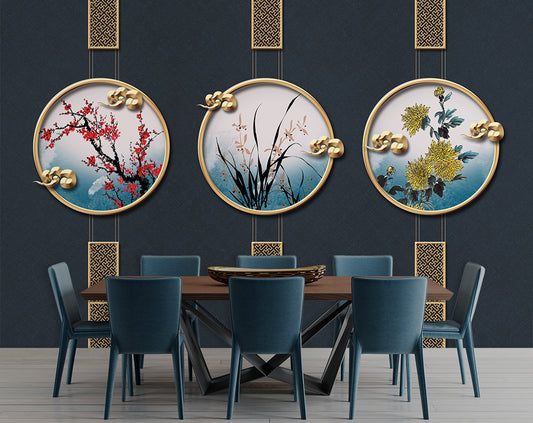 3D Creative Flowers And Modern Gold Metal Art Wallpaper