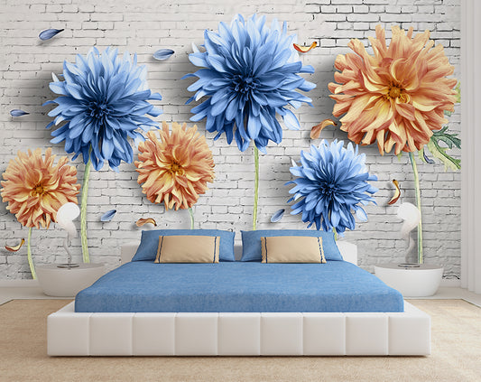 Blue And Orange 3D Daisy Flowers Wallpaper
