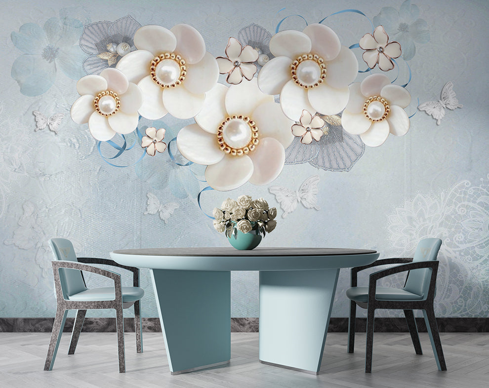 Sky Blue Background Wallpaper | Jewelry Flowers 3D Wallpaper