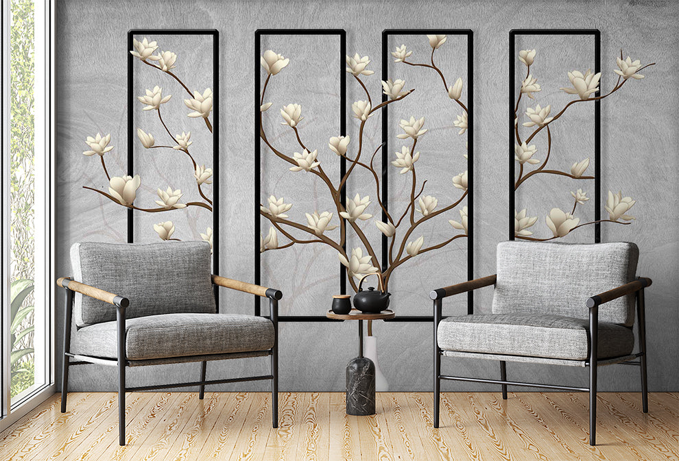 3D Floral & Square Frame Botanical Grey Wallpaper