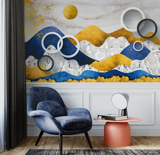 Living Room - Modern Fashion 3D Beautiful Circular Rings Mountains Wallpaper