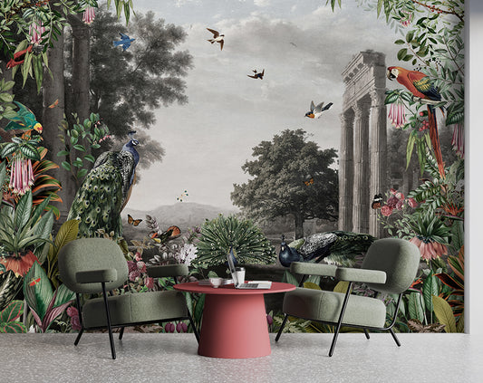 Peacock And Birds Landscape Vintage Wallpaper