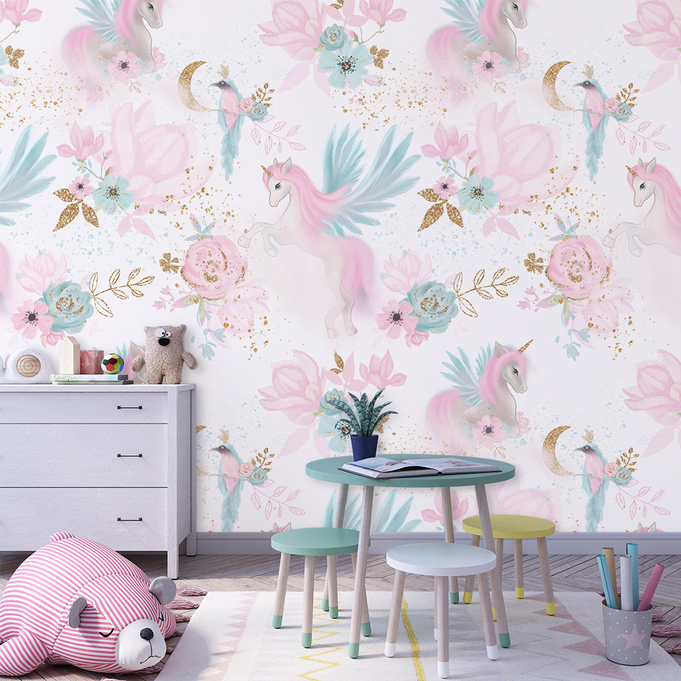 Children's room with unicorn and floral wallpaper, pink wallpaper for girl room