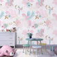 Children's room with unicorn and floral wallpaper, pink wallpaper for girl room