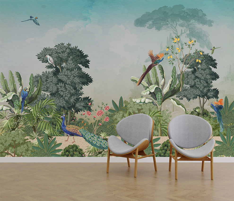 Tropical Jungle With Peacock And Birds Wallpaper