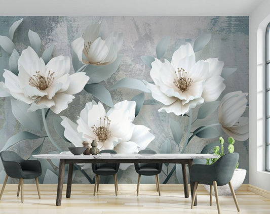3D White Big Flower Wallpaper for Dining Room