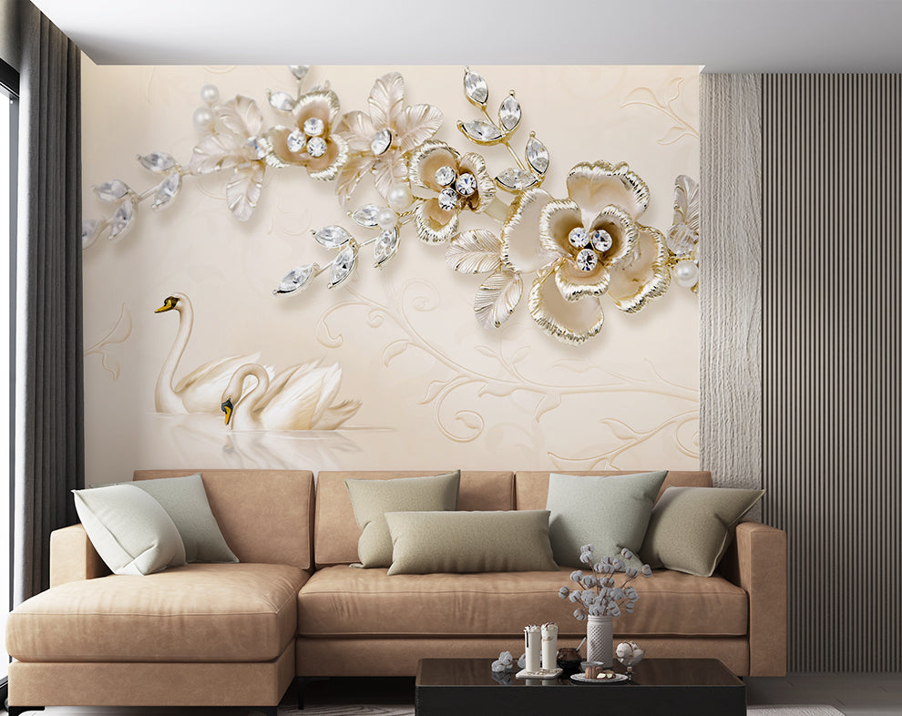 European Style 3D Diamond Flower Jewelry Floral Flowers Wallpaper