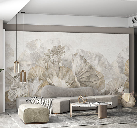Living Room - Botanical Lotus Leaf Wall Mural Wallpaper, Custom Size