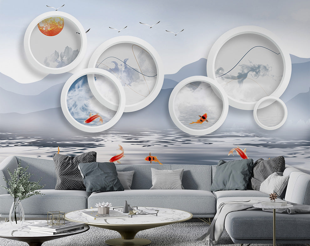 3D Circle Art And Fish Wallpaper | Living Room Wallpaper