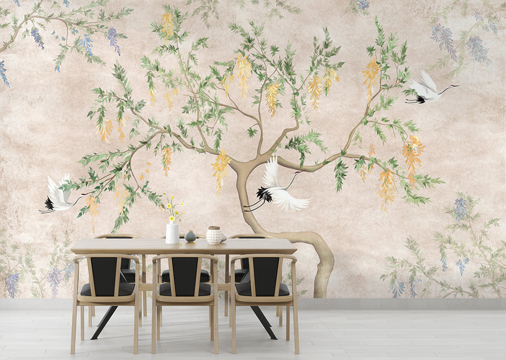 3D Customized Vintage Chinoiserie Crane Wallpaper | Custom bedroom wallpaper
