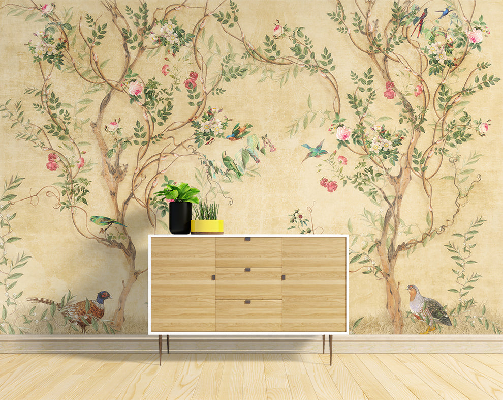 Chinoiserie Tropical Flowers Mural Wallpaper