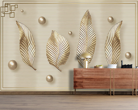 Horizontal 3D Golden Leaf Design Wallpaper