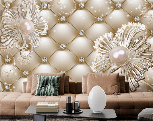 European Style 3D Diamond Flower Jewelry Murals Living Room Wallpaper