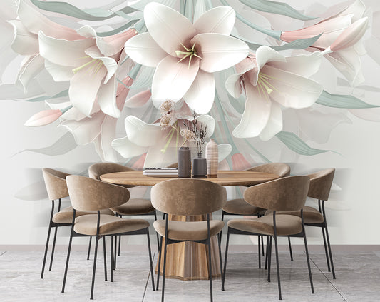 Dining Room - 3D Pink And White Flowers Wallpaper For Living Room