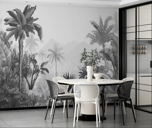 Dining Room - Tropical Palm Trees Black And White Wallpaper