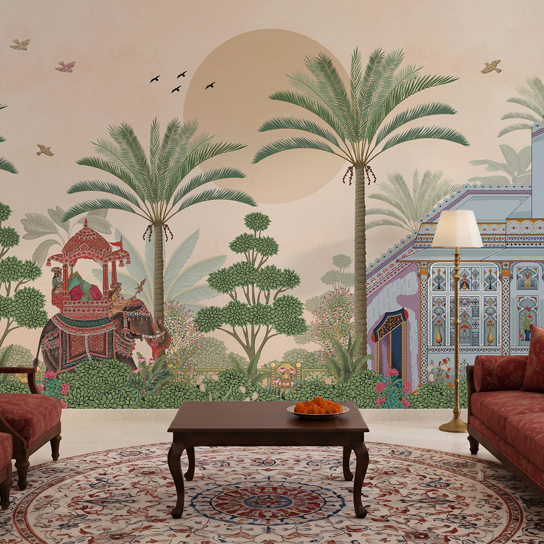 Pooja Room - The Maharaja's Journey – Indian Elephant Wall Mural Wallpaper, Custom Size