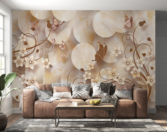 Living Room - 3D Floral Texture And Butterfly Wallpaper