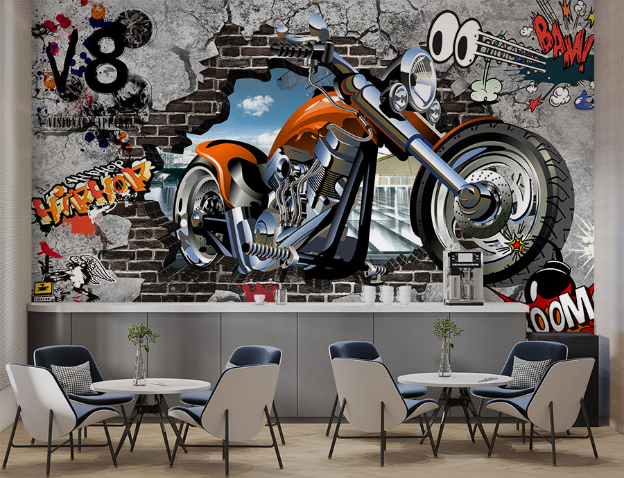 Broken Wall Motorcycle Street Art Wallpaper Bar & Restaurant Wallpaper