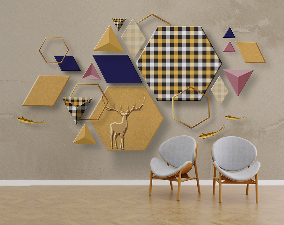 3d geometric design and deer wallpaper