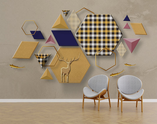3d geometric design and deer wallpaper