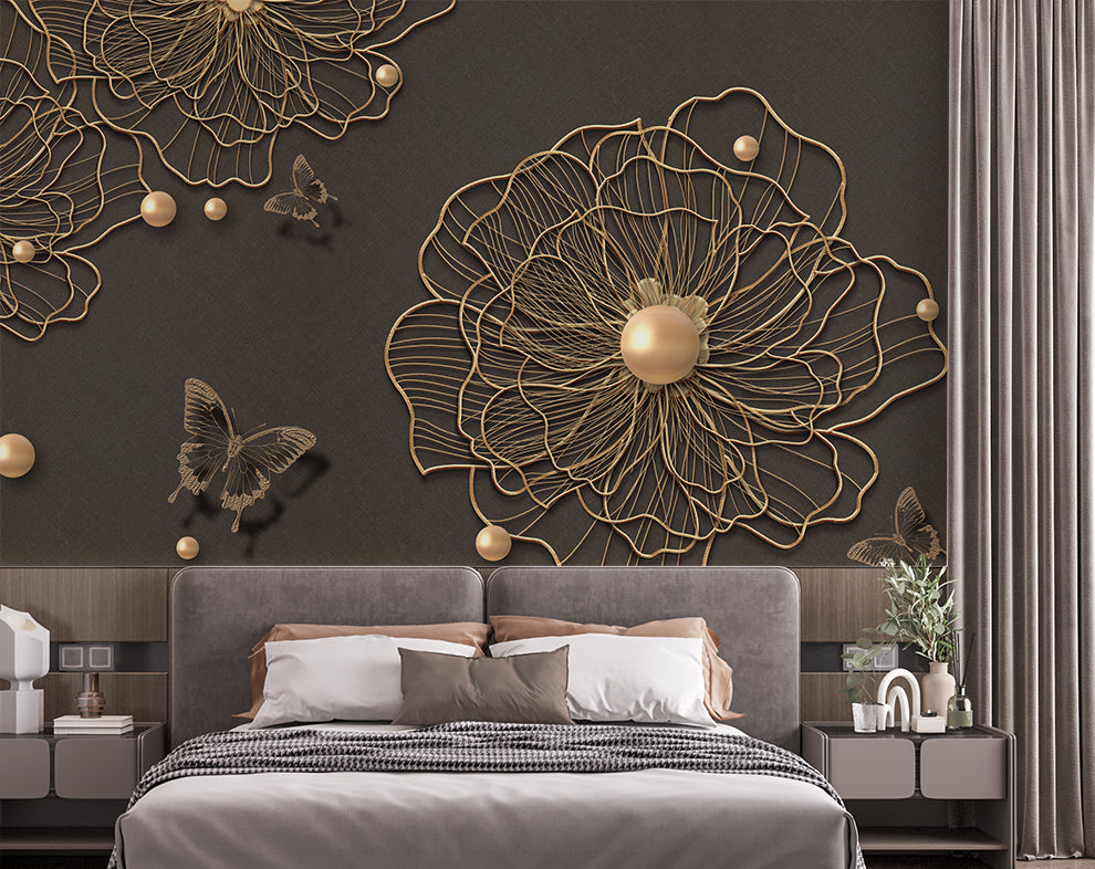 3d beautiful golden line flower pearl butterfly background wallpaper