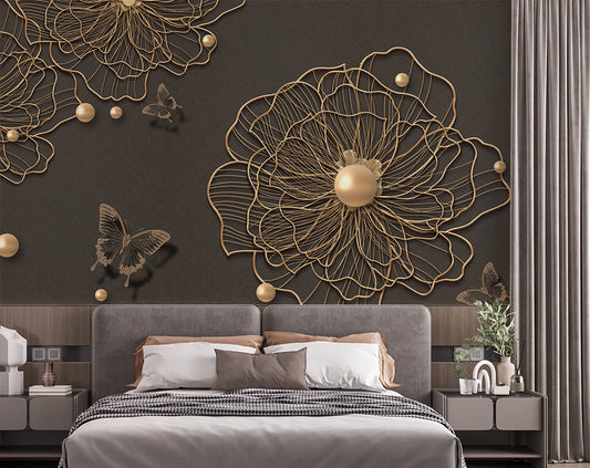 3d beautiful golden line flower pearl butterfly background wallpaper
