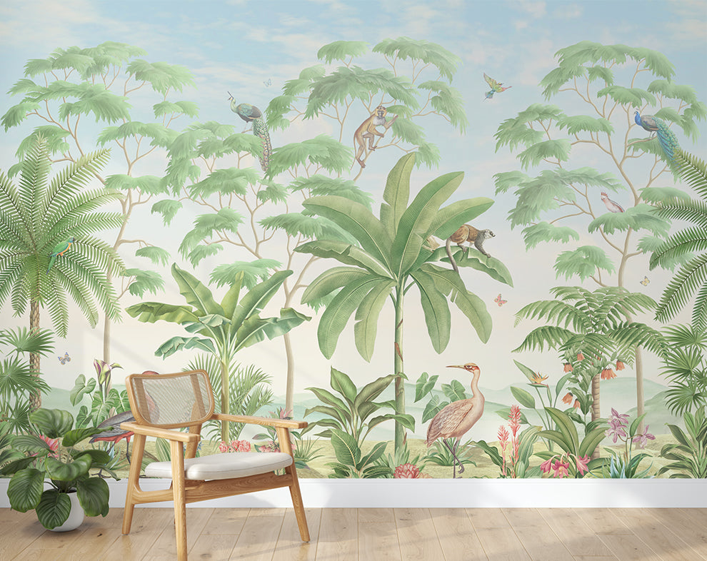 Tropical Jungle Plant And Wildlife Mural Wallpaper